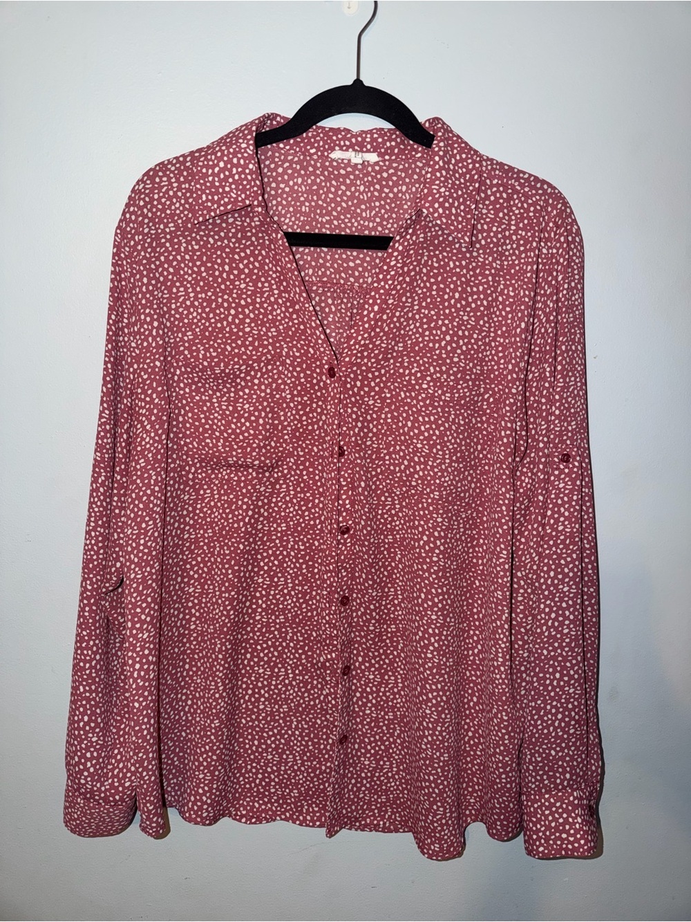 Maurices Rose Button-Down Blouse with White Dot Print